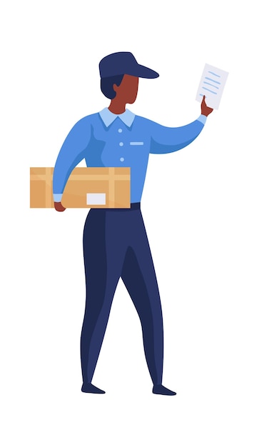 Vector postman shipping parcel cartoon mailman brings letters and boxes courier deliveries correspondence post office worker in blue uniform vector male character carries mail container