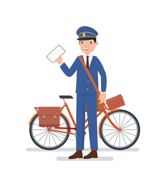 A postman with the bicycle are ready to send a letter