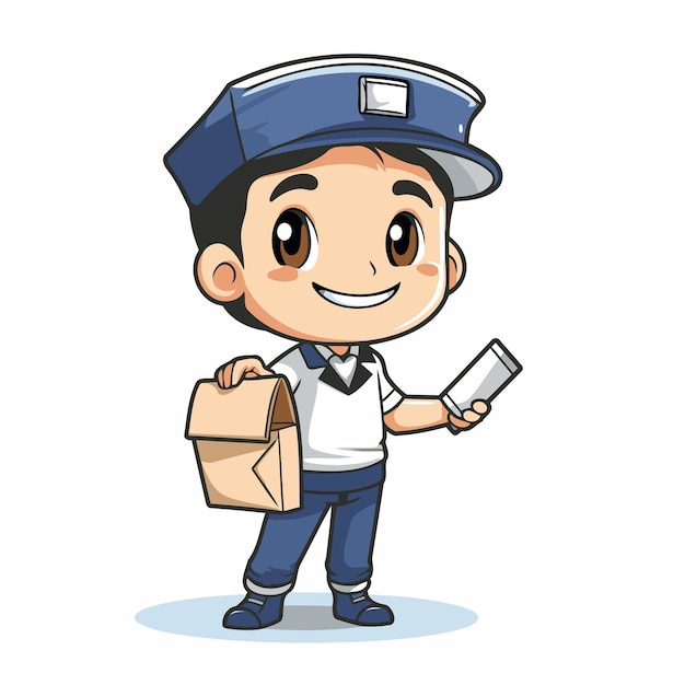 Vector postman with a box and a mobile phone vector illustration