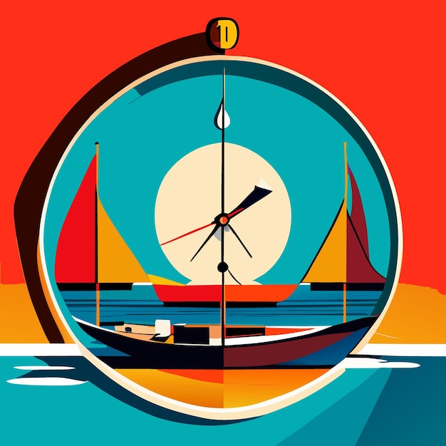 postmodern clock and in boat vector illustration flat