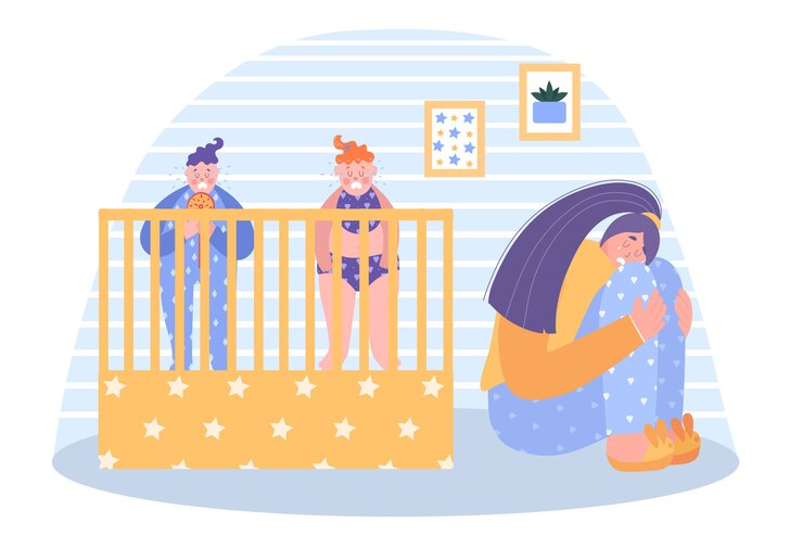 Vector postpartum depression concept. two babies scream out loud. mom sits and cries. illustration.