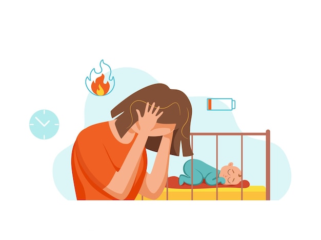 Postpartum depression illustration of sad tired woman near newborn baby sleeping in flat style.