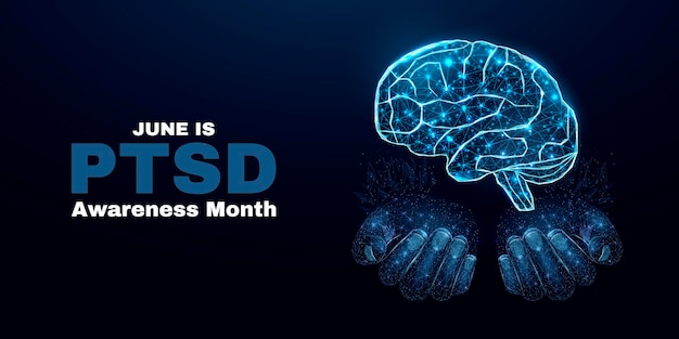 PostTraumatic Stress Disorder Awareness Month concept PTSD banner template with glowing low poly Futuristic modern abstract Isolated on dark background Vector illustration