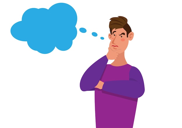 The posture of a young man thinking with a word balloon a man puts his hand under his chin and thinks vector illustration male character