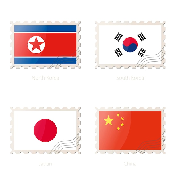 Postzegel met de afbeelding van de vlag van noord-korea zuid-korea japan china