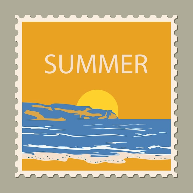 Vector postzegel zomervakantie zonsondergang oceaan zee retro vintage design vectorillustratie geïsoleerd