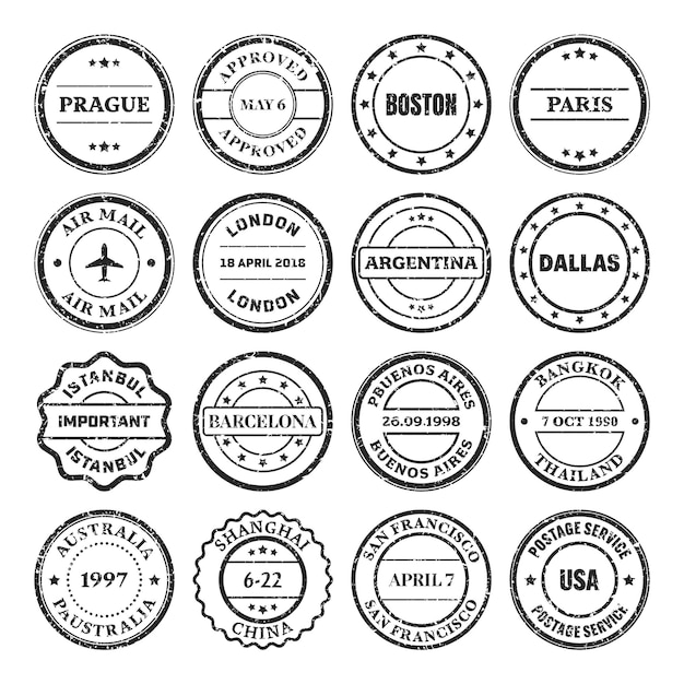 Postzegels etiketten en badges grunge afdrukken en postzegels vintage cirkel postkaart watermerken gebruikt