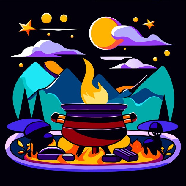 Vector pot over the campfire camping outdoor cooking