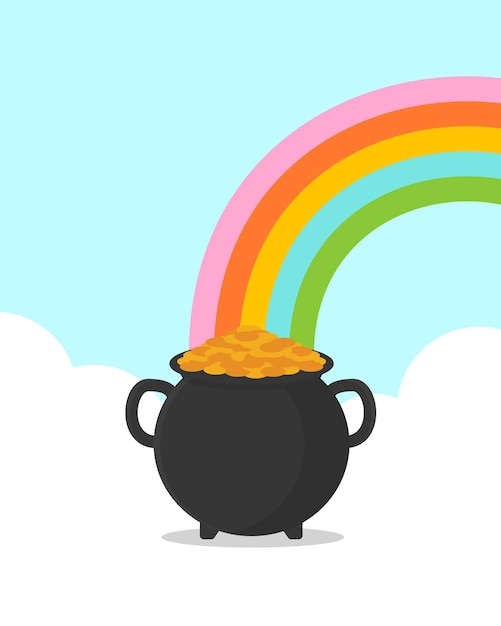 Pot full of gold at the end of a rainbow concept St Patrick039s day background