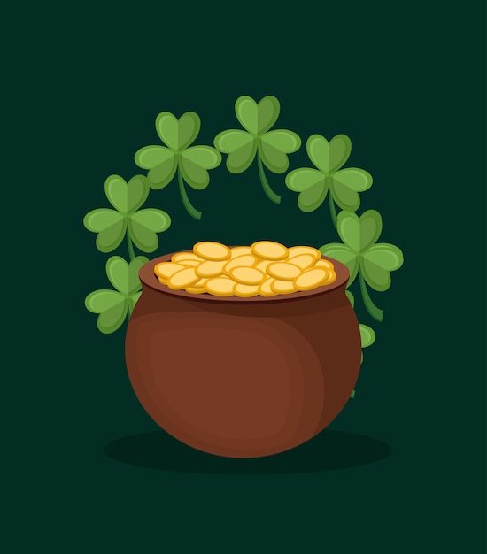 Vector pot of gold with decorative wreath of clovers