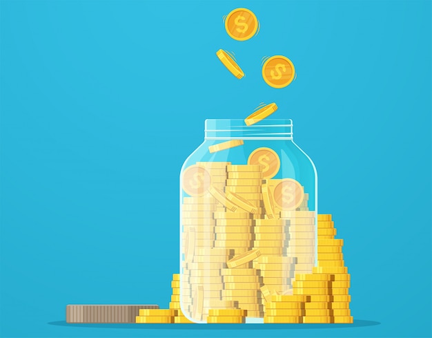 Pot met gouden munten. Dollar munt besparing, geldbesparing, crisis, investering.