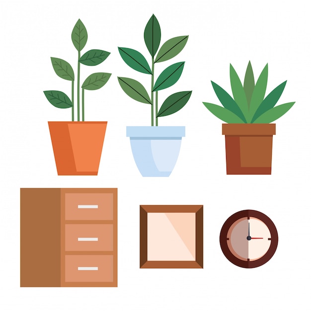 Vettore piante da vaso con mensola in legno e set di orologi