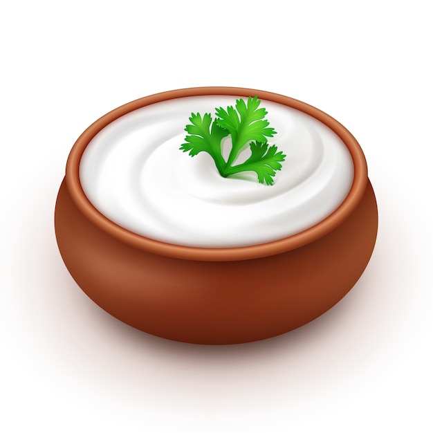 Vector pot of sauce mayonnaise with parsley on background