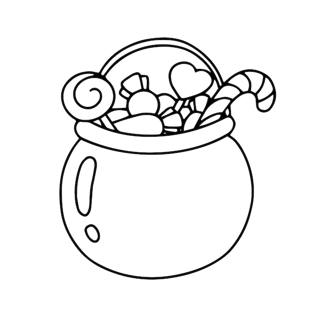 과자 냄비 아이들을위한 색칠하기 책 페이지 할로윈 테마 만화 스타일 캐릭터
