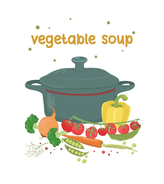 Pot with soup Fresh homemade vegetable soup Set of vegetables for soup hot broth