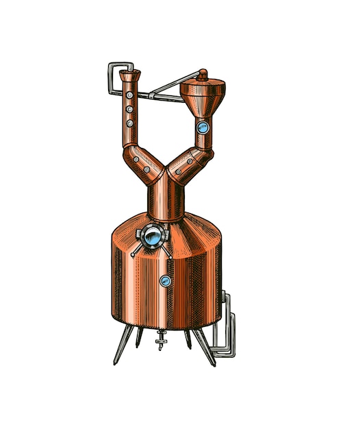 Vector pot zwanenhals koperen stills distilleerderij voor het maken van alcohol fles absint label voor retro