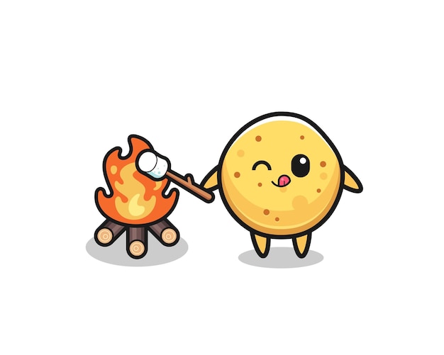 Potato chip character is burning marshmallow