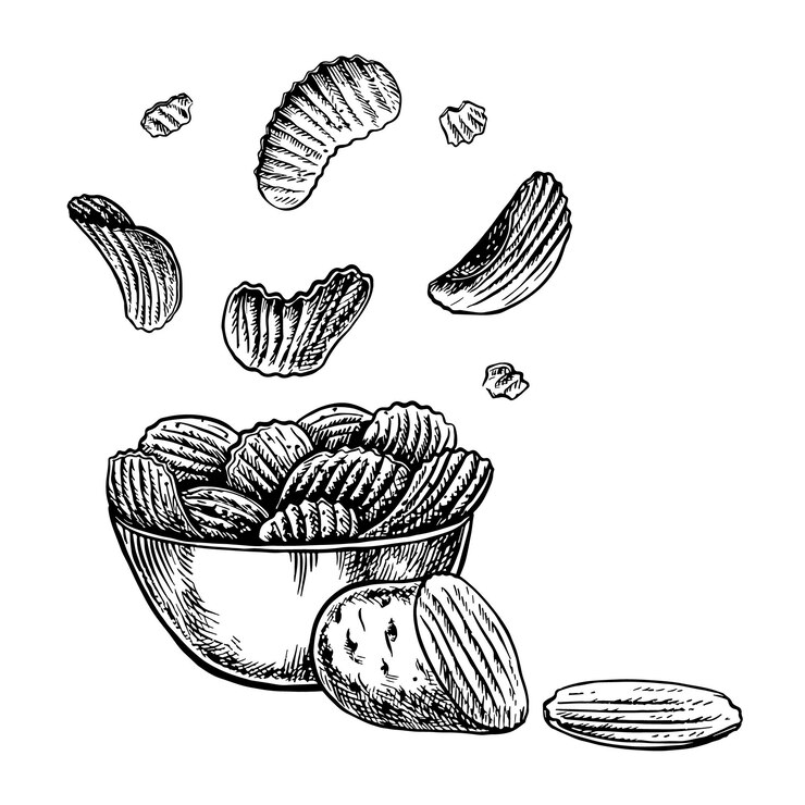 Vector potato chips in a bowl vector graphics depicting chips falling into a bowl hand drawn illustration