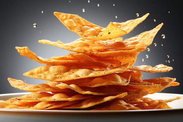 Potato chips flavored paprika on a white dish gray background