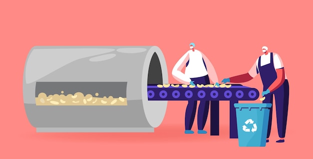 Potato chips manufacturing process. workers characters wearing
uniform on factory stand at conveyor belt sorting baked chips.
employees on assembling line on plant. cartoon people vector
illustration