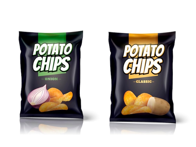 Potato chips package design, foil bags isolated on white surface in 3d illustration