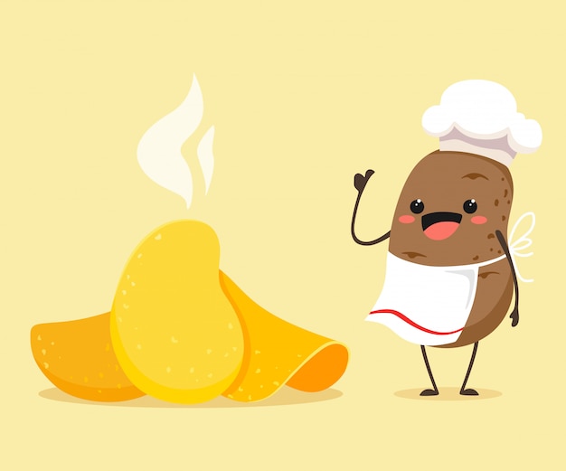 Vector potato chips with a fun and cartoon potato in the style of kawaii.   illustration of a potato chef