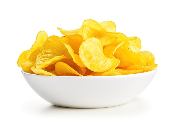 Potato chips with seasonings pour out of the plate on a white isolated