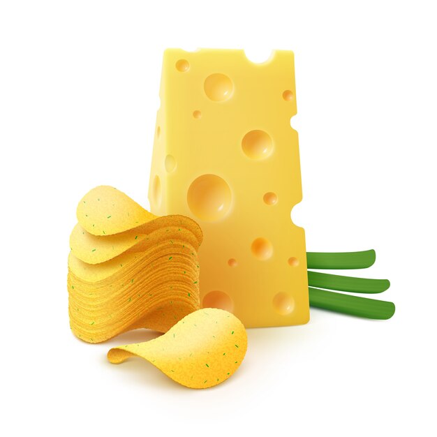 Стек картофельные хрустящие чипсы с сыром и луком крупным планом на белом фоне