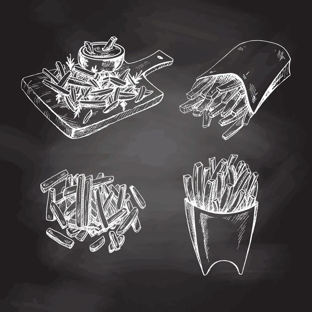 Potato french fries street fastfood menu hand drawn sketch isolated on chalkboard background