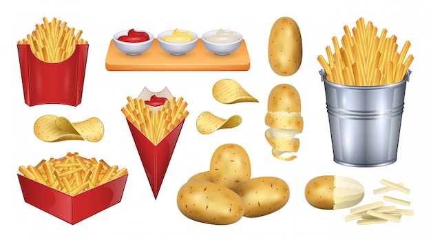 Illustrazione di patate fritte. cibo vegetale icona set realistico.