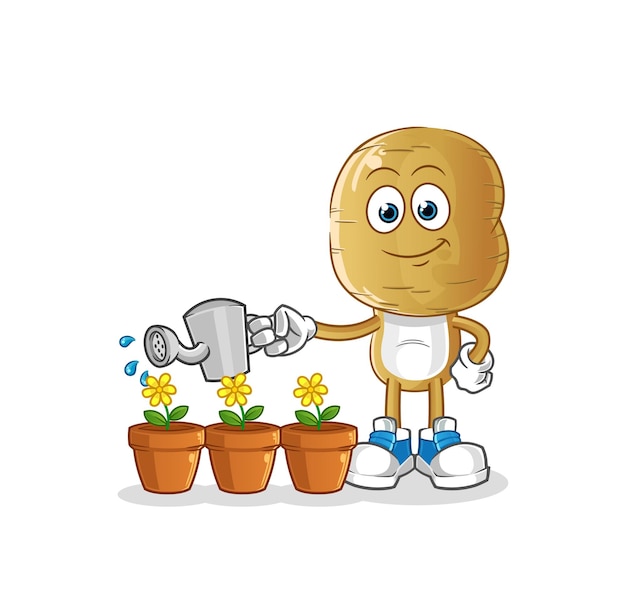 Картофельная голова мультфильм поливает цветы талисман мультфильм вектор