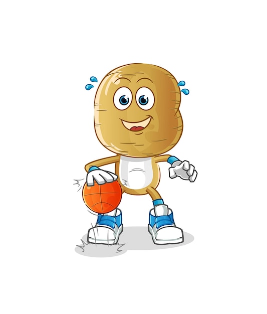 Potato head stripfiguur dribbel basketbal. cartoon vector