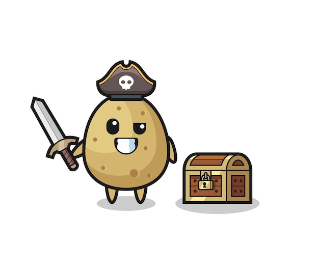 The potato pirate character holding sword beside a treasure box