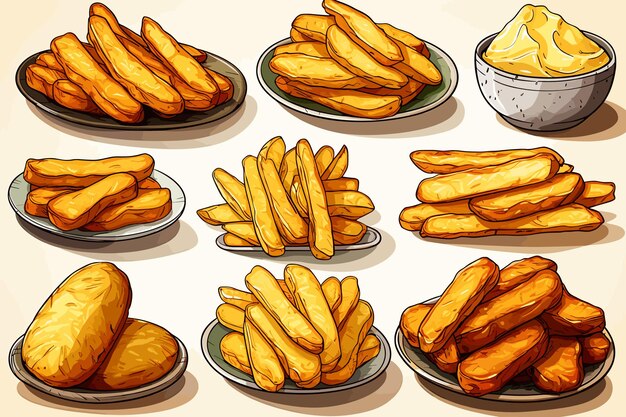 Potato products icons set Chips pancakes french fries whole root potatoes in cartoon realistic