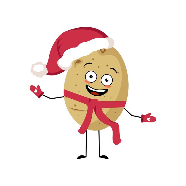 Potato Santa character with happy emotion, joyful face, smile eyes, arms and legs with scarf and mittens. Fruit person with expression, food for Christmas and New year