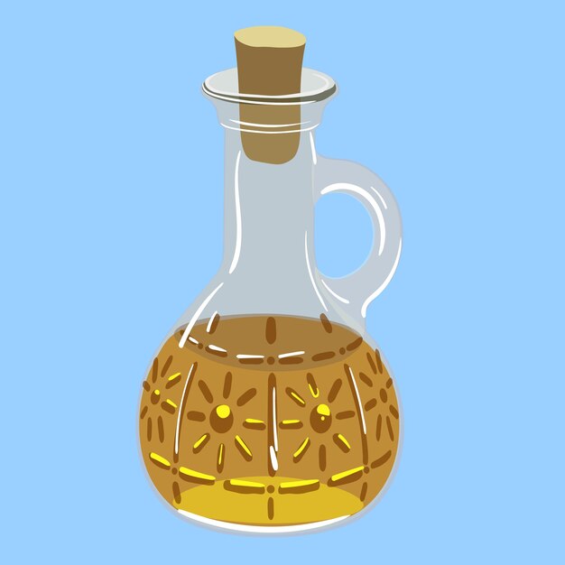 Potbellied bottle with yellow vegetable oil Bottle with patterns narrow neck and handle in vector