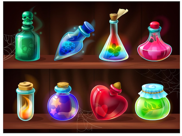 Potion bottles. Game alchemist liquids on wooden shelf, cartoon love potion, poison, magic elixir. Vector set of fantasy game chemical jars for magic alchemy laboratory