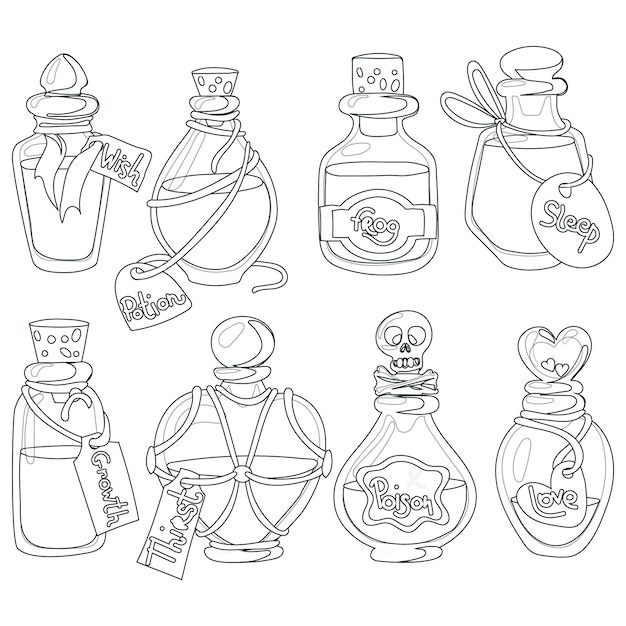 Vector potion bottles with magic elixir and tags cartoon glass flasks with unknown witch poisons