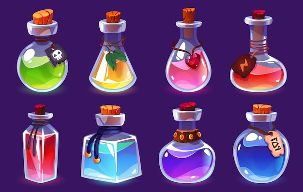 Potion flessen Magic alchemist elixirs verschillende vormen flesjes verschillende kleuren vloeistof Game interface objecten fantasy pot met geluk en liefde glazen potten gui ontwerp elementen nette vector set