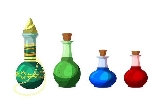 Potion in glass flask bottle set isolated. magic wizardry elixir liquid with strange content collection