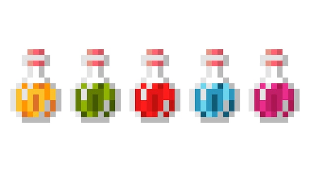 Set di elementi di pozione stile a 8 bit videogioco pixel art illustrazione sfondo isolato del vettore