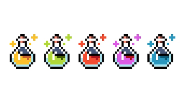 Potion item set 8 bit style Video game pixel art illustration Vector isolated background