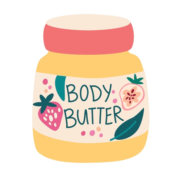 Potje bodycrème. Cosmetische lichaamsolie. Stijlvolle heldere verpakking. Bodyboter met aardbei. Huidverzorging, hygiëne en hydratatie. Cartoon vectorillustratie