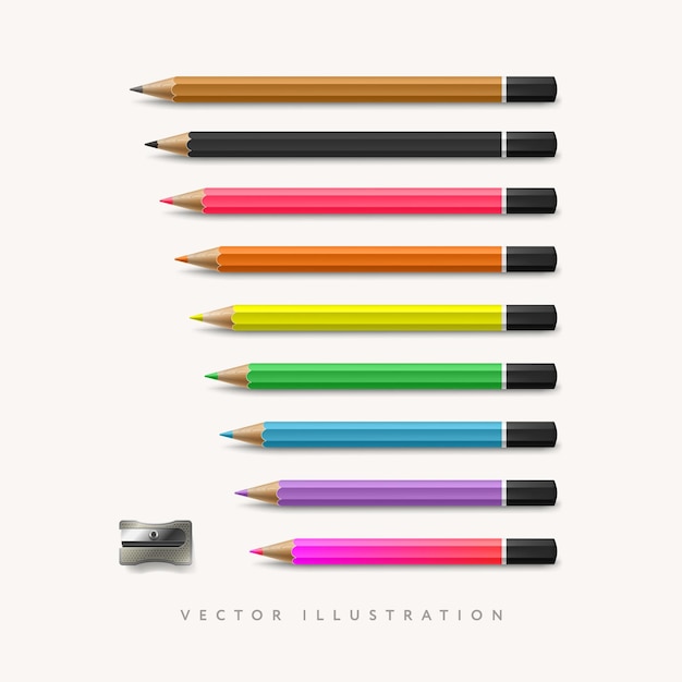 Vector potlodencollectie in realistische stijl met scherpmaker vectorillustratie