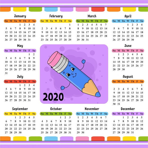 Potlood met gum. kalender voor 2020 met een schattig karakter.