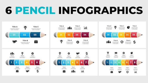 Potlood schrijven infographic Educatief 3D-concept 3 4 5 6 7 8 stappen opties diagram dia