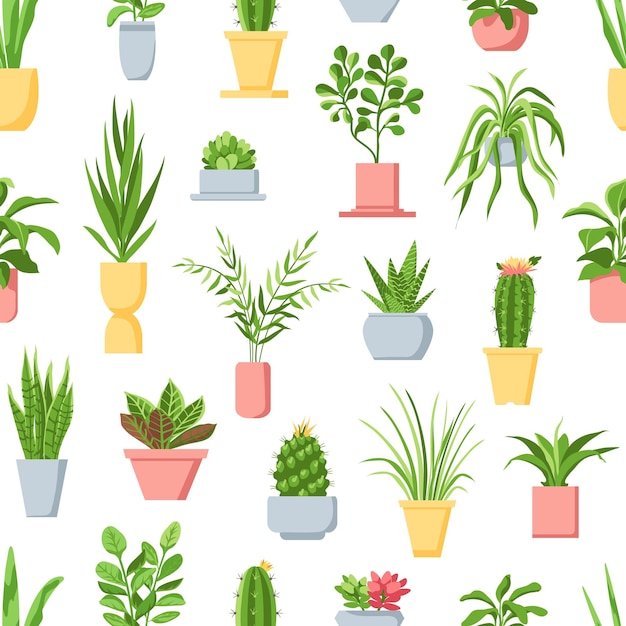 Potplanten naadloze patroon. kamerplanten, cactussen en vetplanten, tuin in potten interieur. scandinavische stijl bloemen vector print. illustratie kamerplant cactus en vetplant