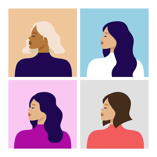 Vector potrait of beautiful women in profile picture. avatar young girls