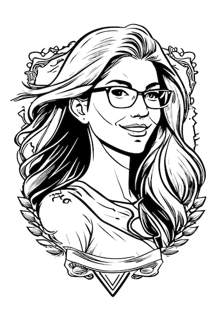 Potrait Girl black and white hand drawn Illustration