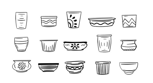 Pots for houseplants and flowers hand drawn in doodle style. Vector illustration.